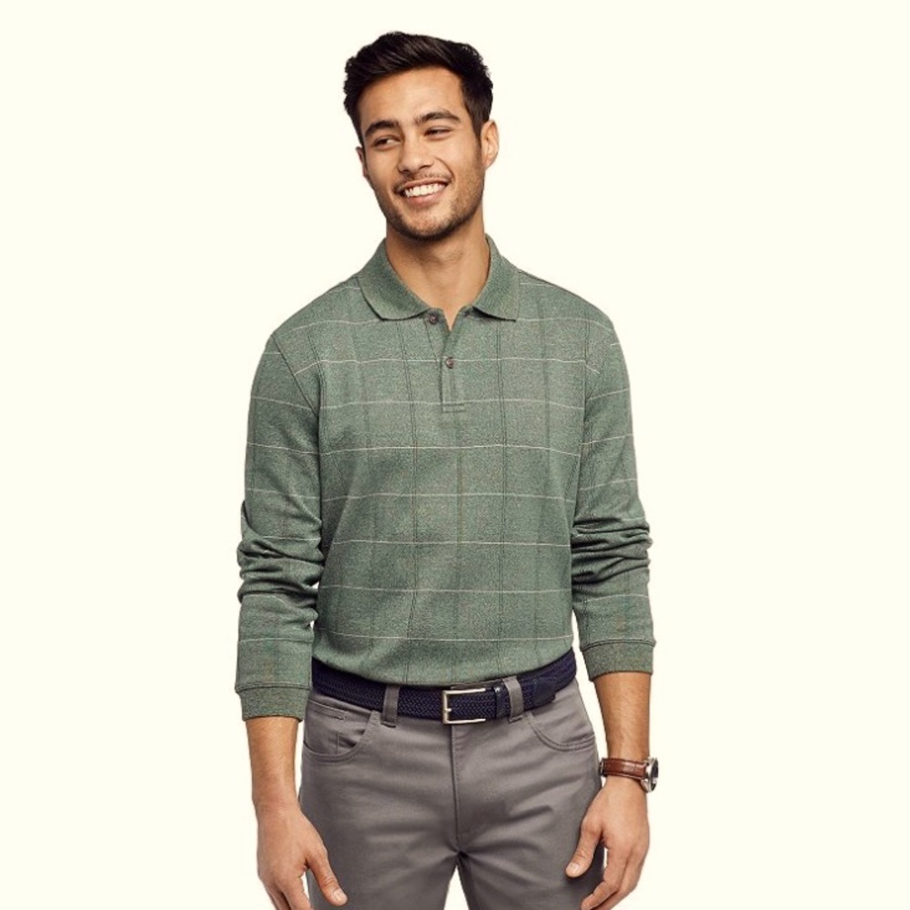 Men's Van Heusen Classic-Fit Heathered Windowpane Polo Medium Dark Green